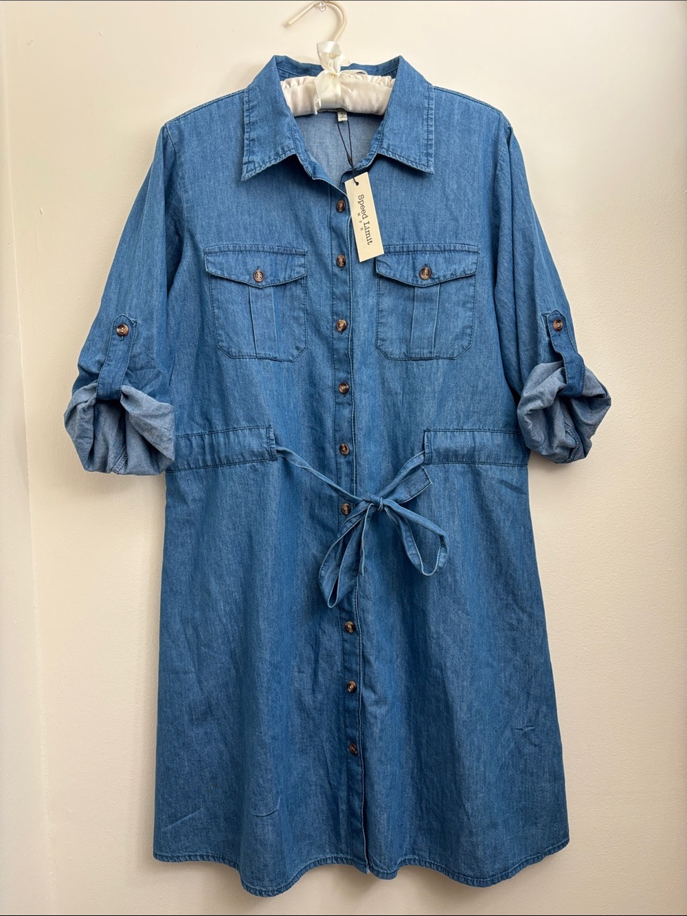 Speed Limit MPH Size Large Classic Tie-Waist Denim Shirt Dress - Blue
